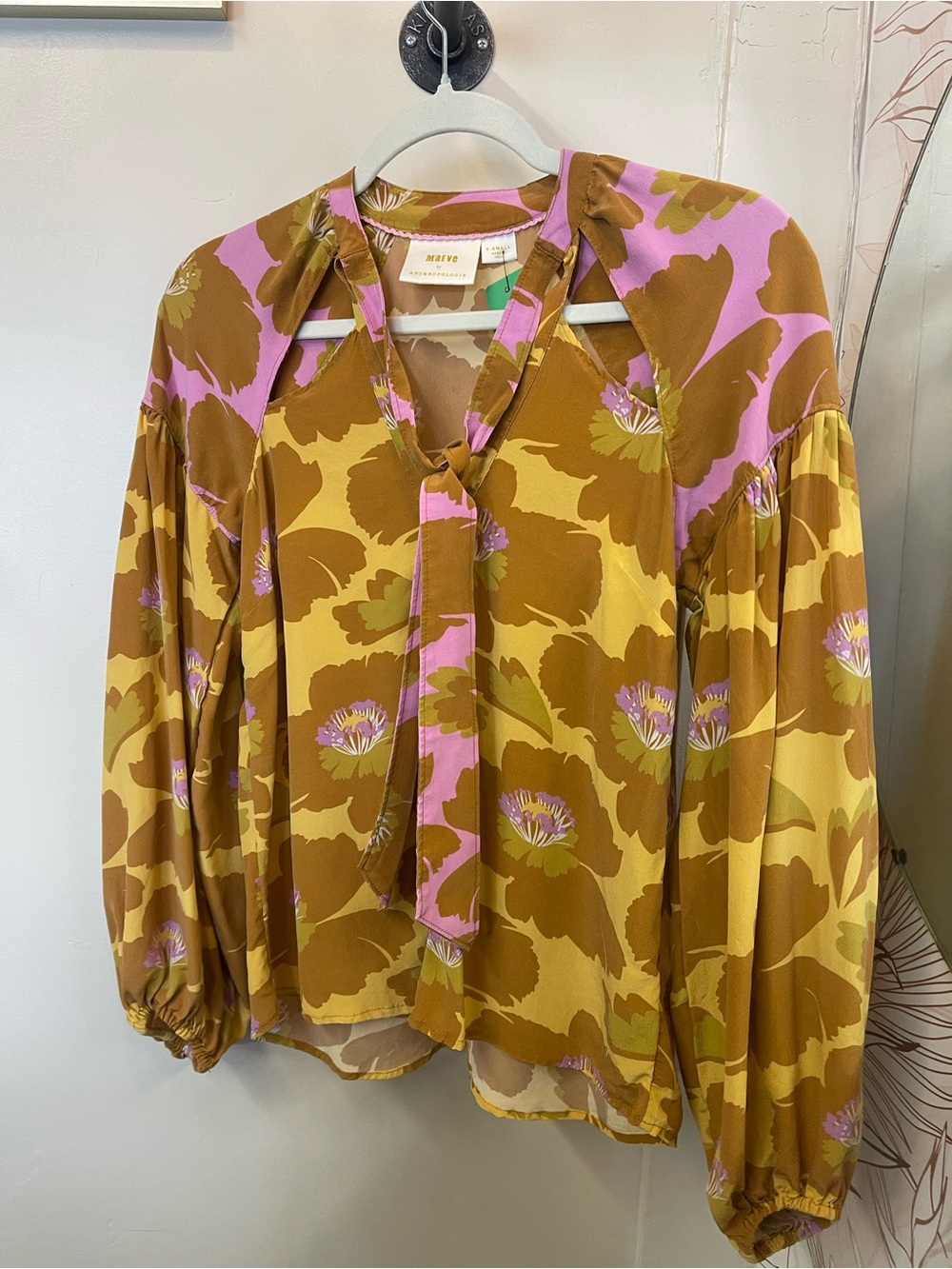 Anthropologie Mustard, Brown & Pink Floral Tie-Neck Blouse